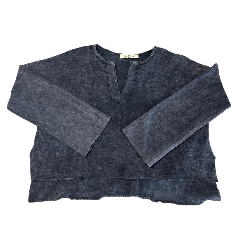 Waffle Knit Oversized Boho Boxy Top Lyn Burches Split Neck Small Blue Distressed